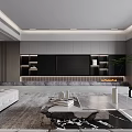 Modern Living and Dining Area Interior With Large Windows Dining Table And Storage Cabinets 3d model