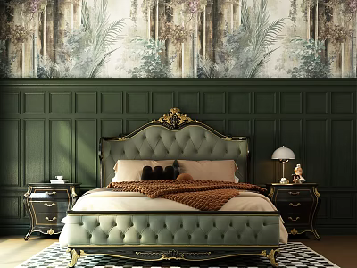 Green Upholstered Double Bed With Gold Accents Dark Green Paneled Wall And Botanical Mural 3d model