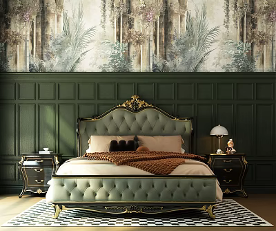 Green Upholstered Double Bed With Gold Accents Dark Green Paneled Wall And Botanical Mural 3d model