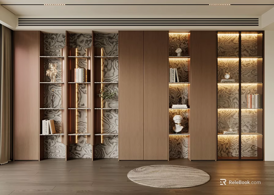 Modern Luxury Wooden Bookcase With Glass Doors LED Lighting And Decorative Marble Accents 3d model 
