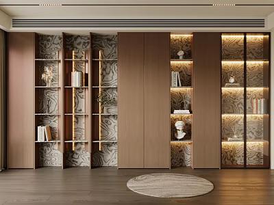 Modern Luxury Wooden Bookcase With Glass Doors LED Lighting And Decorative Marble Accents 3d model