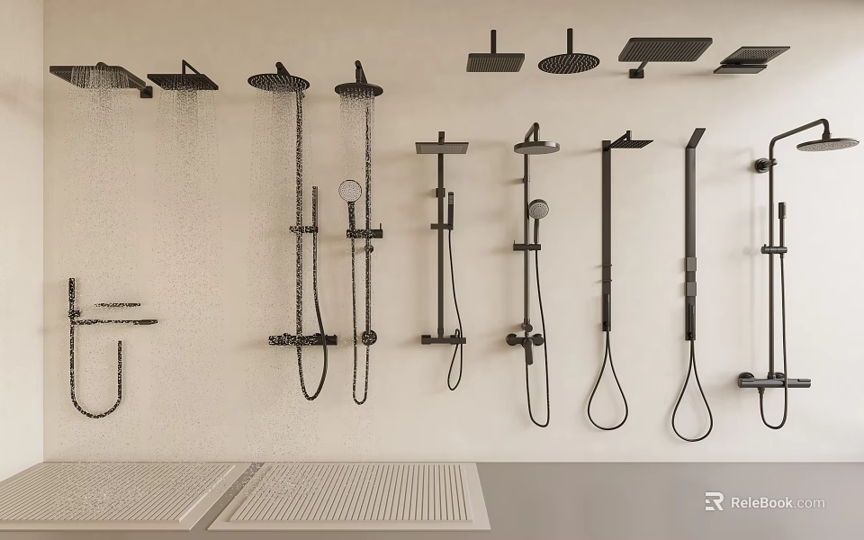 Modern Black Shower Systems with Rainfall Handheld and Wall Mounted Designs 3d model 