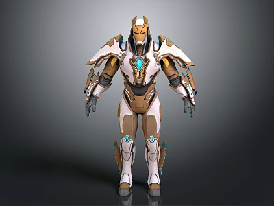 Futuristic Mech Style Game Movie Character With White Gold Blue Armor And Glowing Chest Core 3d model