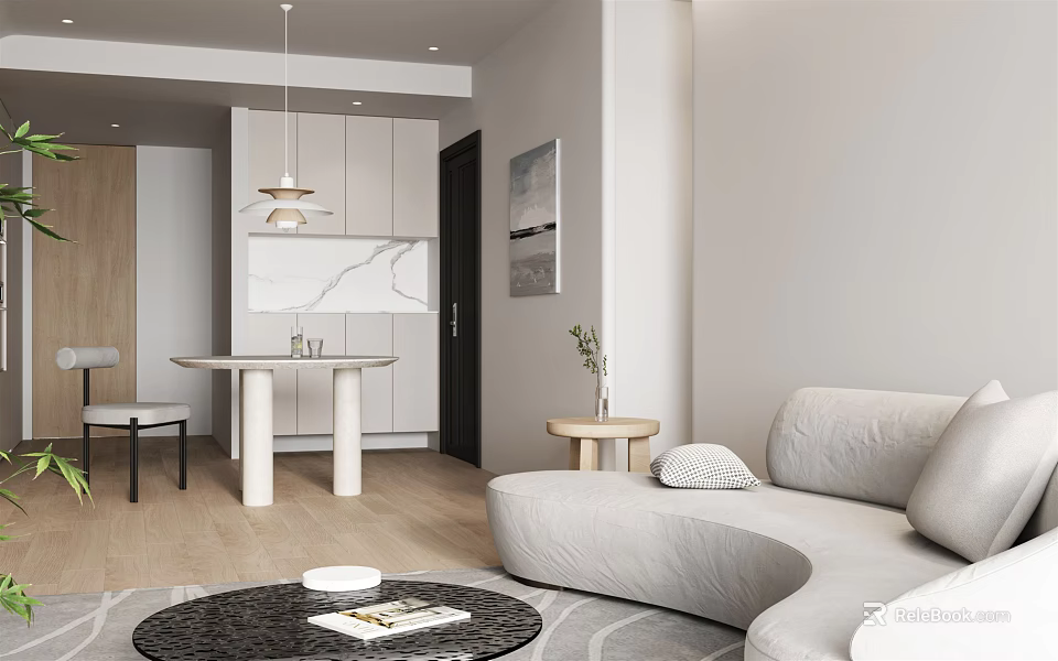 Modern Living and Dining Room Interior With Light Grey Sofa Coffee Table and Pendant Light 3d model 