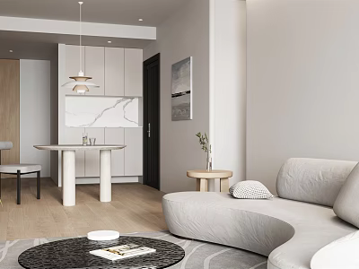 Modern Living and Dining Room Interior With Light Grey Sofa Coffee Table and Pendant Light 3d model