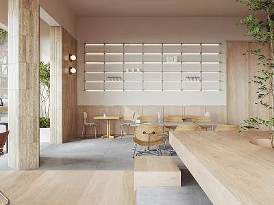 Modern Café Interior Design With Wooden Furniture Green Plants And Cozy Seating Area 3d model