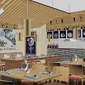 Warm Ambiance Japanese Restaurant Interior With Wooden Tables Chairs Orange Cushions Bar Counter Decorative Paintings