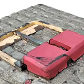Red Metal Public Parking Lock Facility Installed On Paved Brick Road Surface
