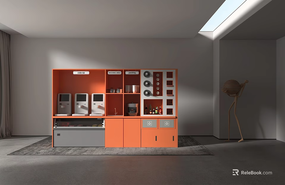 Orange Storage Cabinet In Minimalist Interior With Coffee Machines Mugs Bottles And Floor Lamp 3d model 