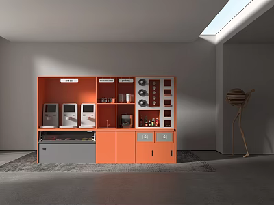 Orange Storage Cabinet In Minimalist Interior With Coffee Machines Mugs Bottles And Floor Lamp 3d model