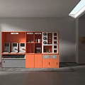 Orange Storage Cabinet In Minimalist Interior With Coffee Machines Mugs Bottles And Floor Lamp