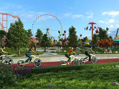 Amusement Park Featuring Roller Coaster Ferris Wheel Colorful Balloons Tandem Bike Rides Amid Greenery 3d model