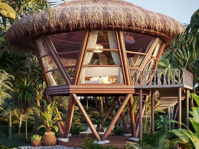 Tropical Thatch Roofed House With Wooden Structure Balcony And Glass Windows In Jungle 3d model