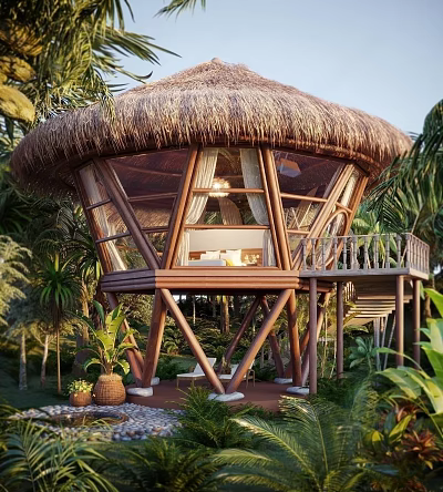Tropical Thatch Roofed House With Wooden Structure Balcony And Glass Windows In Jungle 3d model