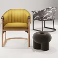 Modern Accent Chairs In Yellow And Patterned Fabric With Wooden Frames And Ottoman