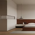 Modern Bedroom Interior With Wooden Bed Study Desk And Pendant Light