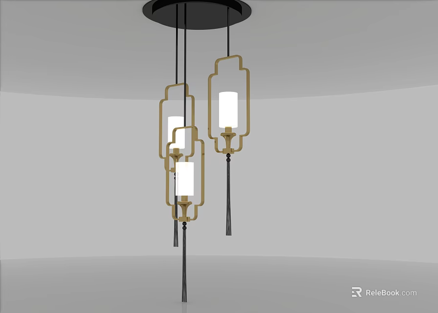 Modern Minimalist Three light Chandelier With Gold Frame White Lampshade And Black Hanging Wires 3d model 