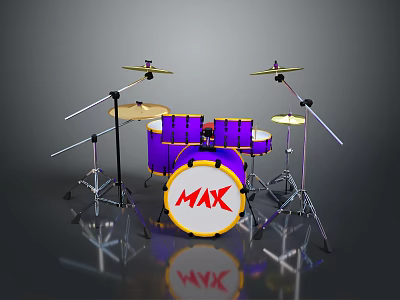 Purple MAX Logo Drum Set With Cymbals And Stands Musical Instrument 3d model