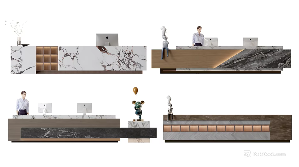 Modern Reception Desk Design With Marble Countertop Wooden Elements Lighting And Office Computers 3d model 