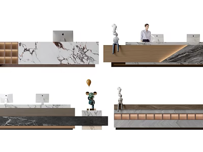 Modern Reception Desk Design With Marble Countertop Wooden Elements Lighting And Office Computers 3d model