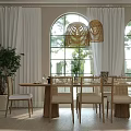 Elegant Restaurant Dining Space With Arched Windows Rattan Pendant Lights White Curtains And Rattan Chairs
