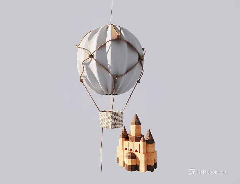 White Hot Air Balloon Shaped Hanging Decoration with Wooden Castle Model and String Wrapped Design 3d model 