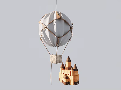 White Hot Air Balloon Shaped Hanging Decoration with Wooden Castle Model and String Wrapped Design 3d model