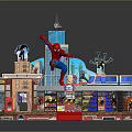 Cartoon Playground Scene With Colorful Buildings Spider Man Decorations And Red Steps