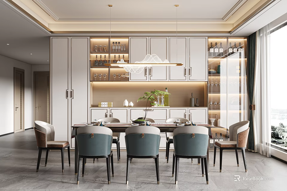 Elegant Modern Dining Room With Dining Table Chairs Pendant Lights Wine Racks And Cabinets 3d model 
