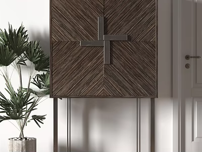 Modern Decorative Cabinet With Wooden Chevron Pattern Cross Detail And Indoor Plant By White Wall 3d model