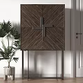 Modern Decorative Cabinet With Wooden Chevron Pattern Cross Detail And Indoor Plant By White Wall