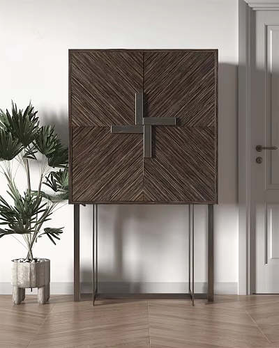 Modern Decorative Cabinet With Wooden Chevron Pattern Cross Detail And Indoor Plant By White Wall 3d model