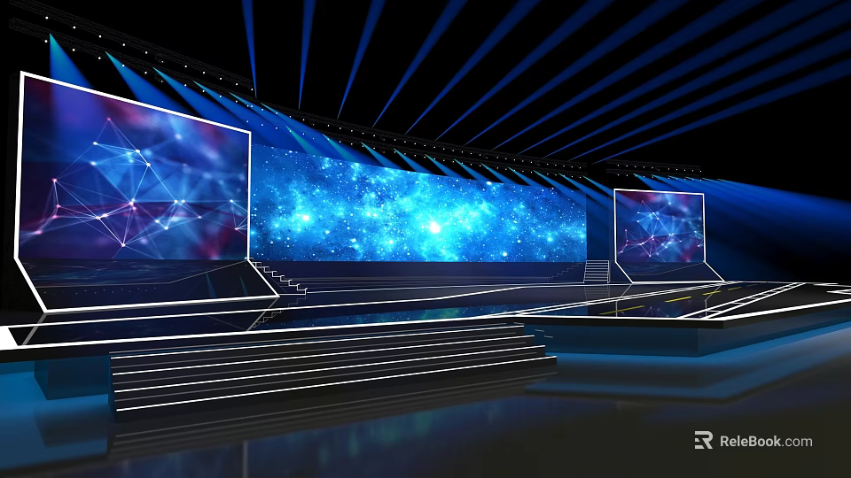Modern Stage Design With Large Screens Blue Background Lighting And Geometric Patterns 3d model 