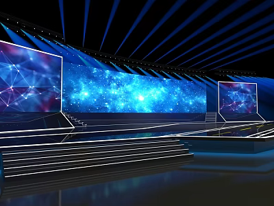 Modern Stage Design With Large Screens Blue Background Lighting And Geometric Patterns 3d model