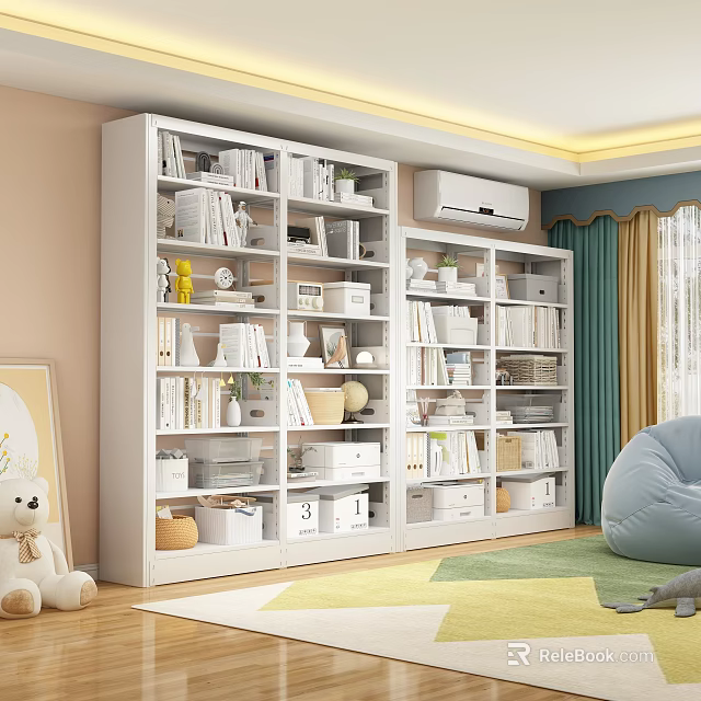 White Bookshelf with Books Decorations and Storage Boxes Near Blue Bean Bag Chair and Rug 3d model 