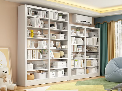 White Bookshelf with Books Decorations and Storage Boxes Near Blue Bean Bag Chair and Rug 3d model
