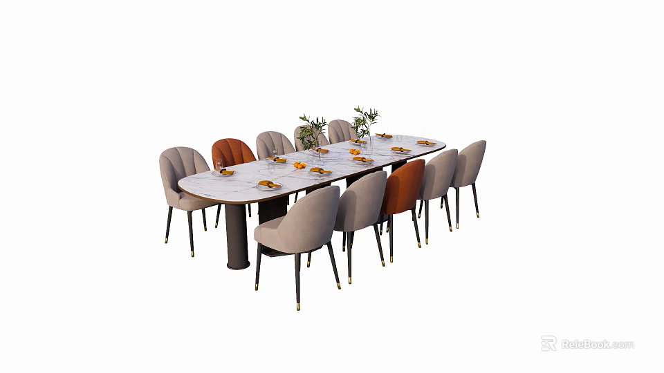 Modern Rectangular Dining Table Set With Marble Top And Colorful Chairs And Greenery 3d model 