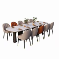 Modern Rectangular Dining Table Set With Marble Top And Colorful Chairs And Greenery 3d model