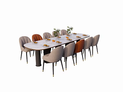 Modern Rectangular Dining Table Set With Marble Top And Colorful Chairs And Greenery 3d model