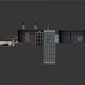 Industrial Building Design Featuring Large Circular Storage Tanks Metal Platform And Railings