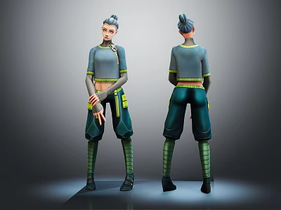 Blue Gray Haired Character In Light Blue Top And Green Pants With Fantasy Creature 3d model