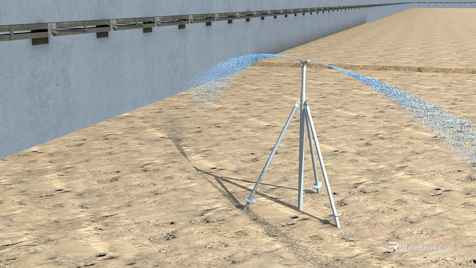 Construction Site With Sprinkler System Spraying Water On Sandy Ground Near Gray Wall 3d model 
