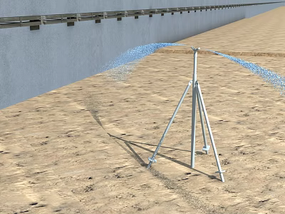 Construction Site With Sprinkler System Spraying Water On Sandy Ground Near Gray Wall 3d model