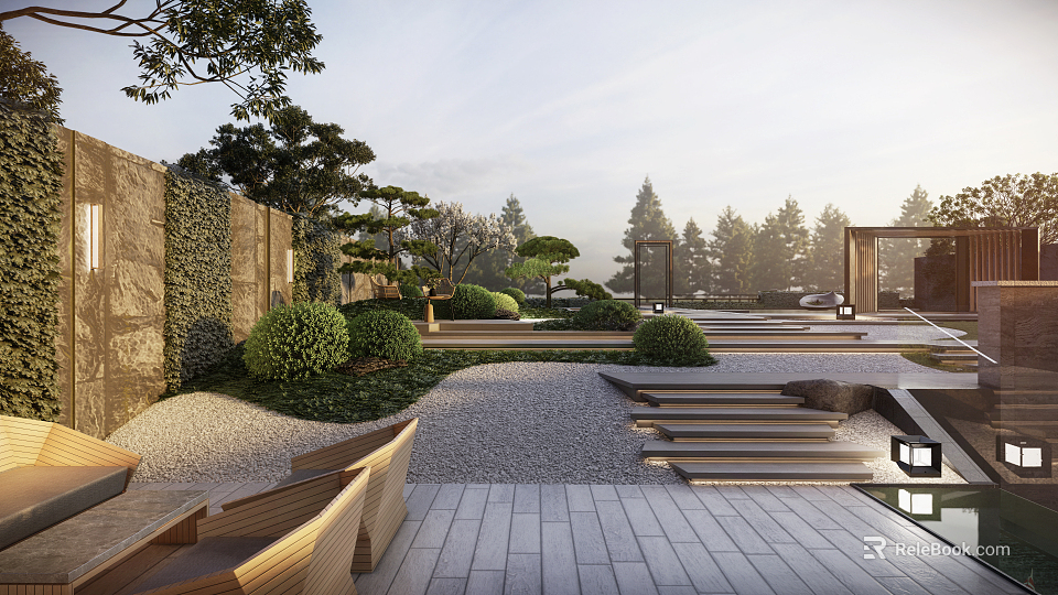 Courtyard Garden Featuring Stone Wall Trees Bushes Gravel Ground Wooden Furniture And Steps 3d model 