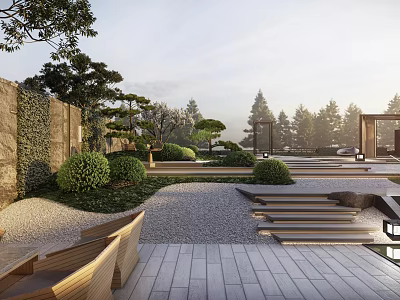 Courtyard Garden Featuring Stone Wall Trees Bushes Gravel Ground Wooden Furniture And Steps 3d model