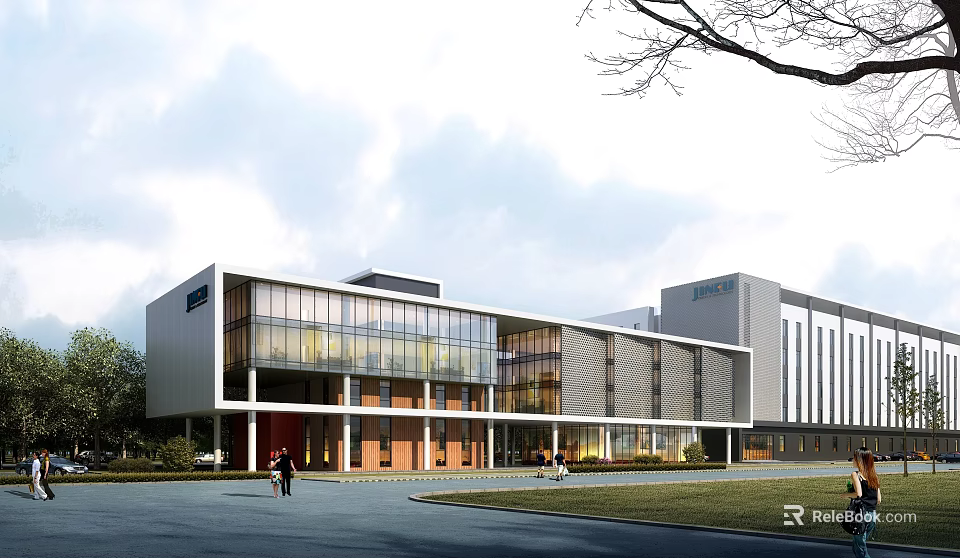 Modern Office Building Exterior Design With Glass Facade Clean Lines And Landscaped Entrance 3d model 