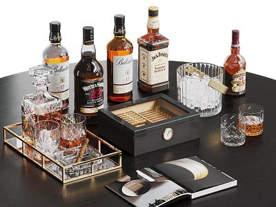 Elegant Wine Bottles And Crystal Glasses With Tray On Dark Table 3d model