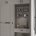 Modern Gray Wardrobe With Sliding Doors Dressing Table Mirror And Decorative Shelves
