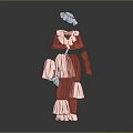 Elegant Red And Pink Dress With Blue Hat And Layered Ruffled Skirt