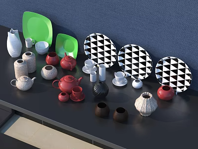 Vibrant Tea Sets With Teapots Cups Bowls And Geometric Pattern Plates On Black Countertop 3d model
